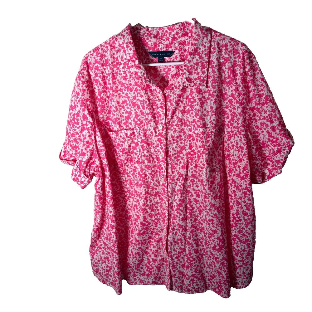 Tommy Hilfiger Shirt Women's 2X Pink Button Up Short Sleeve Casual Top